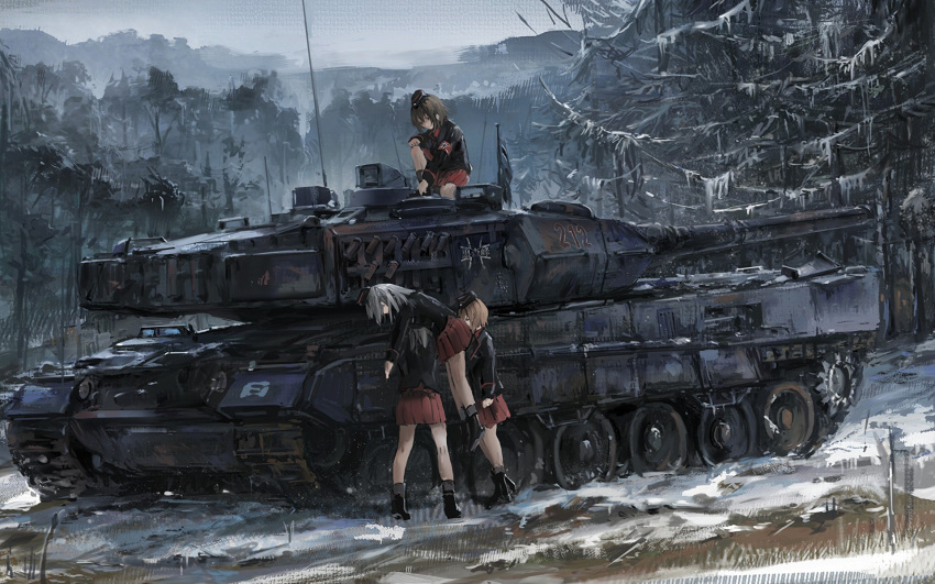 girls_und_panzer itsumi_erika kuromorimine_military_uniform leopard_2 nishizumi_maho nishizumi_miho side_cap skirt snow snowy_forest tank