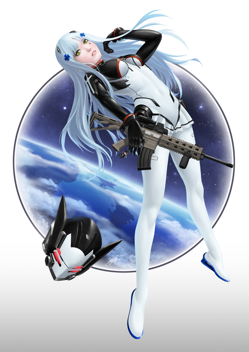 1girl absurdres assault_rifle bangs bodysuit breasts covered_navel eyebrows_visible_through_hair facial_mark g11_(girls'_frontline) girls_frontline green_eyes gun h&amp;k_hk416 hair_ornament helmet highres hk416_(girls'_frontline) hk416_(midnight_evangelion)_(girls'_frontline) long_hair medium_breasts multicolored_bodysuit multicolored_clothes official_alternate_costume okita realistic rifle silver_hair skin_tight solo teardrop_facial_mark teardrop_tattoo weapon white_bodysuit