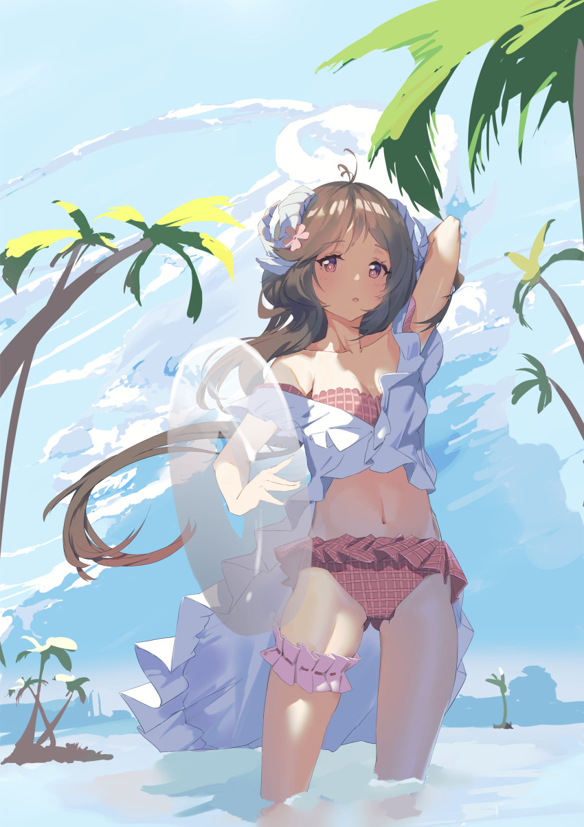 1girl :o absurdres animal_ears antenna_hair arknights arm_behind_head bikini blue_sky blush breasts clouds cloudy_sky eyjafjalla_(arknights) eyjafjalla_(summer_flowers)_(arknights) feet_out_of_frame float-dian flower hair_flower hair_ornament highres horns long_hair looking_at_viewer navel off-shoulder_bikini off_shoulder open_mouth outdoors palm_tree pink_bikini pink_eyes pink_flower sarong sheep_ears sheep_girl sheep_horns sky small_breasts solo stomach swimsuit thigh_strap tree wading white_sarong
