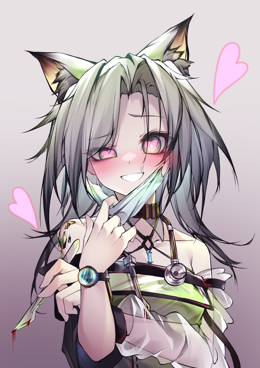 1girl absurdres animal_ear_fluff animal_ears arknights blood blush cat_ears cat_girl dress eyebrows_visible_through_hair gradient gradient_background green_dress green_eyes grey_hair heart heart-shaped_pupils highres holding_scalpel kal'tsit_(arknights) mask mouth_mask oripathy_lesion_(arknights) qinshi-ji scalpel smile stethoscope surgical_mask symbol-shaped_pupils yandere