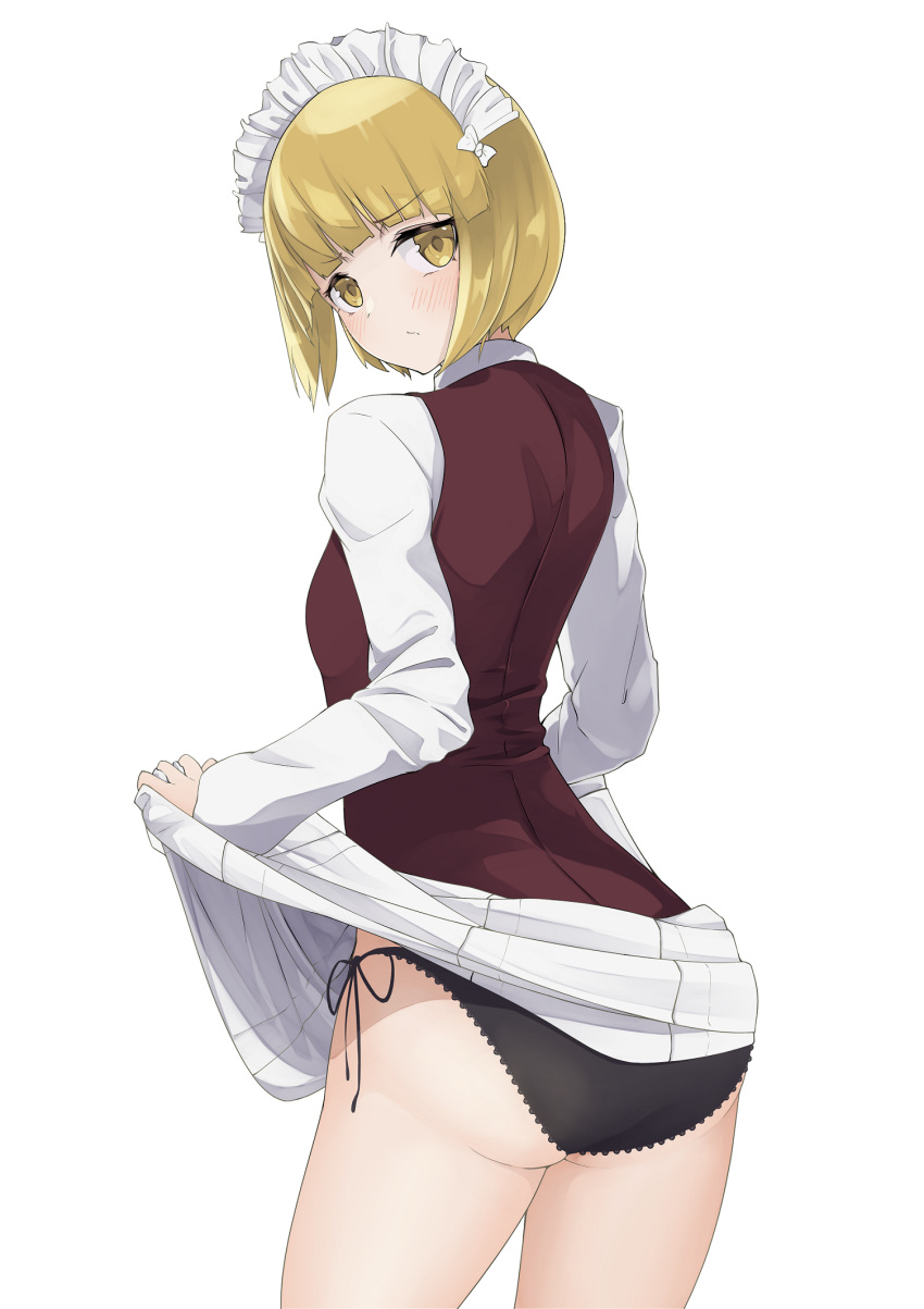 1girl ass bangs bartender black_panties blonde_hair blunt_bangs blush bob_cut brown_vest closed_mouth clothes_lift commentary cowboy_shot cutlass_(girls_und_panzer) dress_shirt eyebrows_visible_through_hair from_behind frown girls_und_panzer highres kakimoto_nao lace-trimmed_panties lace_trim lifted_by_self long_sleeves looking_at_viewer looking_back maid_headdress miniskirt ooarai_naval_school_uniform panties pleated_skirt sailor school_uniform shirt short_hair side-tie_panties simple_background skirt skirt_lift solo standing underwear vest white_background white_shirt white_skirt yellow_eyes