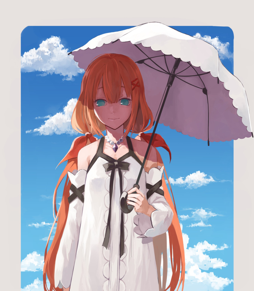 1girl absurdres closed_mouth clouds detached_sleeves dress hair_ornament hairclip highres jewelry kingdom_hearts kingdom_hearts_x long_hair looking_at_viewer low_twintails monnizo necklace orange_hair solo strelitzia_(kingdom_hearts) twintails white_dress x_hair_ornament