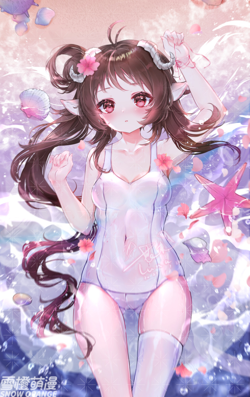 1girl alternate_costume animal_ears antenna_hair arknights artist_name beach blush breasts brown_hair casual_one-piece_swimsuit clam collarbone covered_navel eyjafjalla_(arknights) eyjafjalla_(summer_flowers)_(arknights) feet_out_of_frame flower hanajiang highres horns long_hair looking_at_viewer lying medium_breasts ocean official_alternate_costume on_back one-piece_swimsuit parted_lips pink_eyes pink_flower sheep_ears sheep_girl sheep_horns shell single_thighhigh solo starfish swimsuit thigh-highs water wet white_legwear white_swimsuit