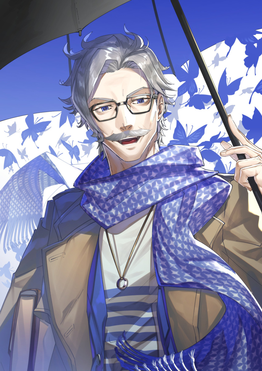 1boy :d absurdres black-framed_eyewear black_umbrella blue_butterfly blue_umbrella bug butterfly commentary_request facial_hair fate/grand_order fate_(series) glasses grey_hair highres holding holding_umbrella jacket james_moriarty_(fate) james_moriarty_(tour_outfit)_(fate) looking_at_viewer male_focus mustache official_alternate_costume old old_man open_clothes scarf shirt simple_background smile solo striped suzuki_rui umbrella upper_body white_background