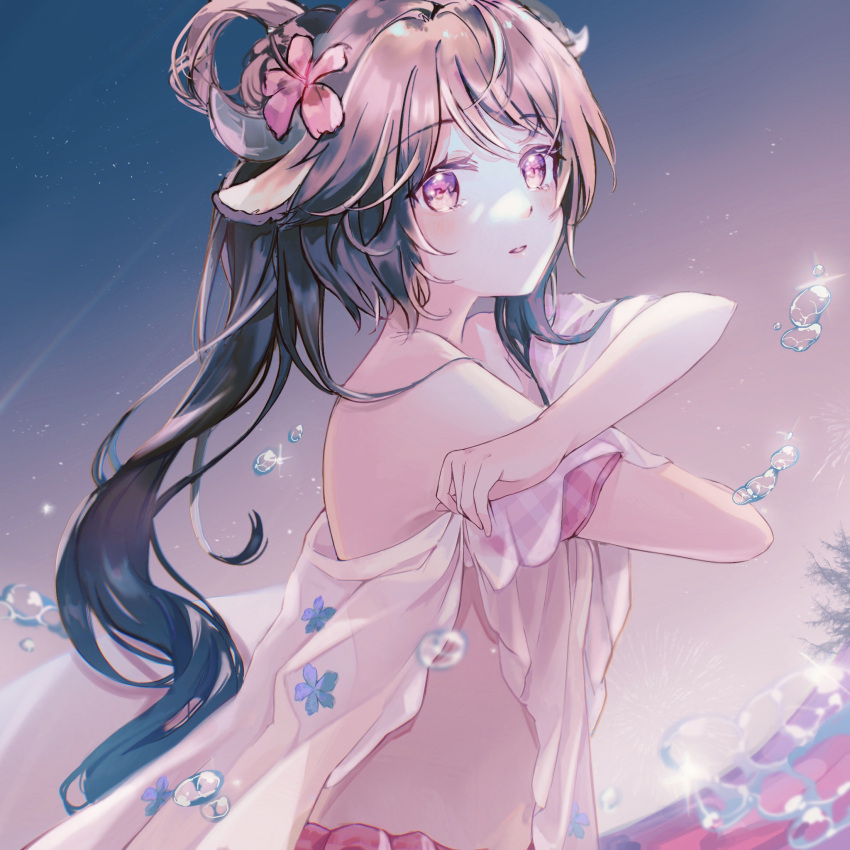 1girl adjusting_clothes akonblank animal_ears arknights blush brown_hair bubble dusk eyebrows_visible_through_hair eyjafjalla_(arknights) eyjafjalla_(summer_flowers)_(arknights) flower from_side hair_flower hair_ornament highres horns long_hair looking_at_viewer official_alternate_costume parted_lips pink_eyes pink_flower sarong sheep_ears sheep_girl sheep_horns sky solo upper_body water white_sarong