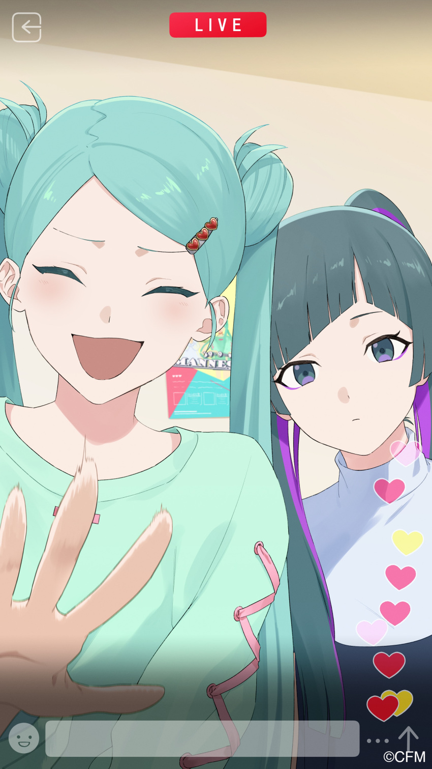 2girls :d ^_^ absurdres aqua_hair bangs blue_eyes blue_hair closed_eyes colored_inner_hair commentary_request copyright cross-laced_sleeves diagonal_bangs dual_persona fake_screenshot gift_(vocaloid) green_sweater hair_ornament hatsune_miku heart heart_hair_ornament highres instagram livestream long_hair long_sleeves multicolored_hair multiple_girls parasite_(vocaloid) poster_(object) puffy_long_sleeves puffy_sleeves purple_hair rozu_ki sidelocks smile sweater twintails vocaloid