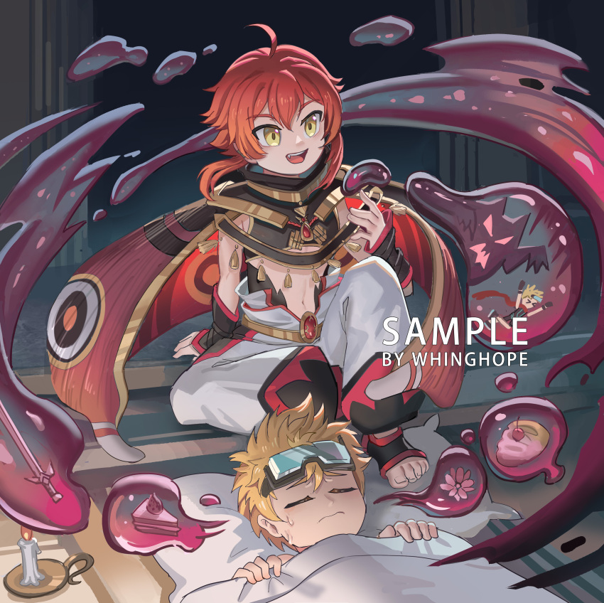 2boys absurdres blonde_hair cake candle candlelight candlestand chinese_commentary commentary_request english_commentary fantasy food goggles goggles_on_head highres indoors magic multiple_boys original redhead short_hair sleeping slime_(substance) topless_male whinghope