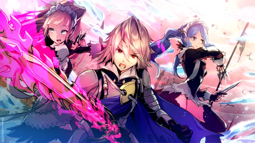 1boy 2girls apron aqua_eyes armor bangs black_dress black_legwear blue_hair bridal_gauntlets closed_mouth commentary_request corrin_(fire_emblem) corrin_(fire_emblem)_(male) dagger dress eyebrows_visible_through_hair felicia_(fire_emblem) fire_emblem fire_emblem_fates flora_(fire_emblem) grey_eyes grey_hair hair_between_eyes highres holding holding_dagger holding_sword holding_weapon ice_crystal knife kunai long_hair looking_at_viewer looking_away maid maid_headdress mineta_naoki multiple_girls open_mouth pink_hair pointy_ears ponytail red_eyes short_hair siblings sisters smile sword thigh-highs twins twintails waist_apron weapon white_apron yato_(fire_emblem)
