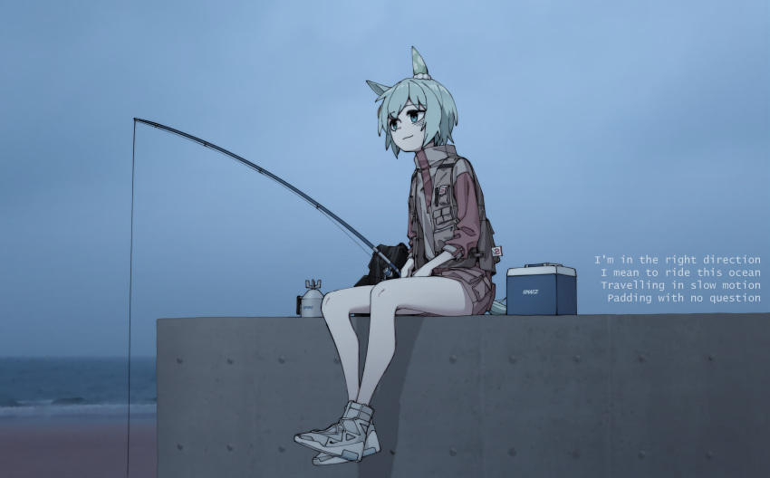 1girl :3 absurdres bangs beach blue_eyes blue_hair blush brown_jacket brown_shorts closed_mouth clouds cloudy_sky commentary cooler ear_covers english_text fishing fishing_rod highres holding holding_fishing_rod horse_girl jacket long_sleeves looking_away multicolored_clothes multicolored_jacket ocean pier red_jacket sand seiun_sky_(umamusume) shoes shorts sidelocks single_ear_cover sky smile sneakers solo two-tone_jacket umamusume waffle_drink white_footwear