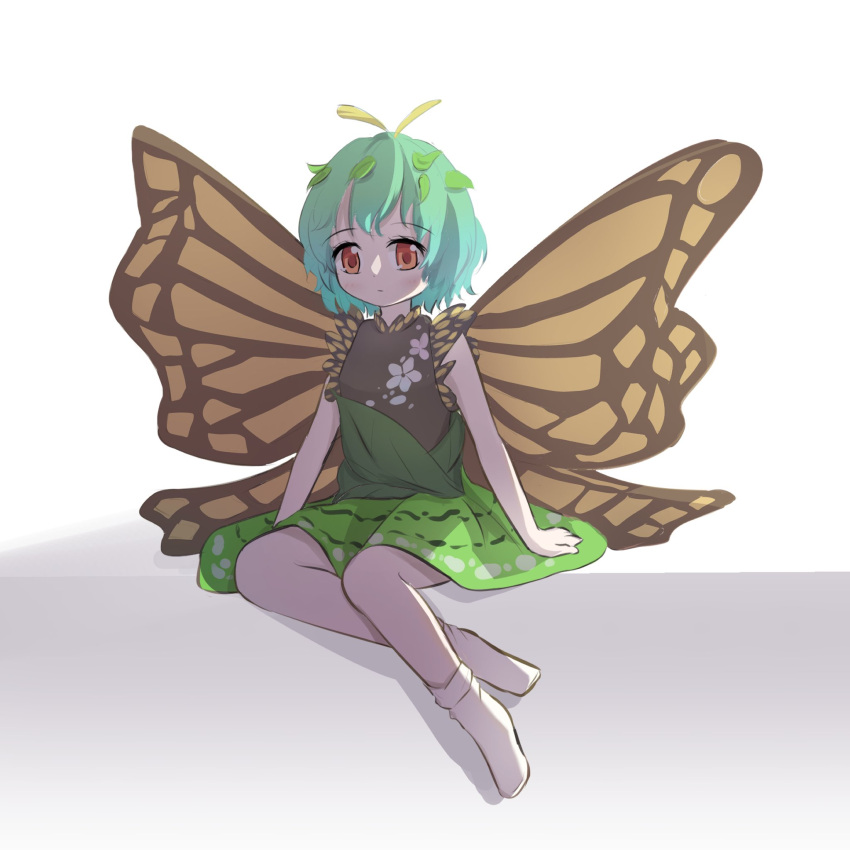 1girl antennae arm_support bangs bare_shoulders blue_hair bobby_socks butterfly_wings closed_mouth dress eternity_larva expressionless eyebrows_visible_through_hair full_body green_dress hair_ornament highres lbcirno9 leaf_hair_ornament looking_at_viewer orange_eyes short_hair simple_background socks solo touhou white_background white_legwear wings