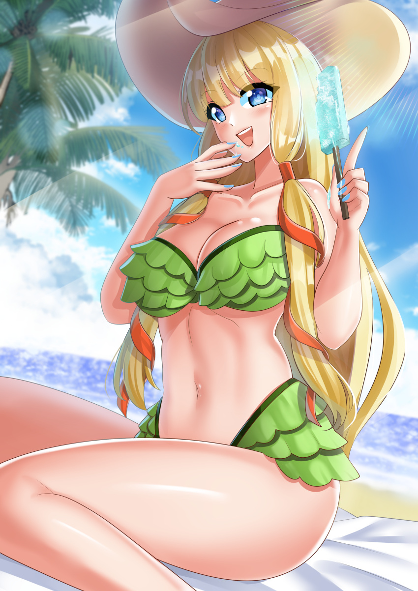 :d absurdres bangs beach beach_towel bikini blonde_hair blue_eyes blue_sky blush breasts code_geass food food_on_face green_bikini green_swimsuit hair_ornament hair_ribbon hat highres ice_cream ice_cream_on_face katou_shinobu layered_bikini liquid melting monica_kruszewski nail_polish on_ground open_mouth ribbon seiza sitting sky smile swimsuit towel