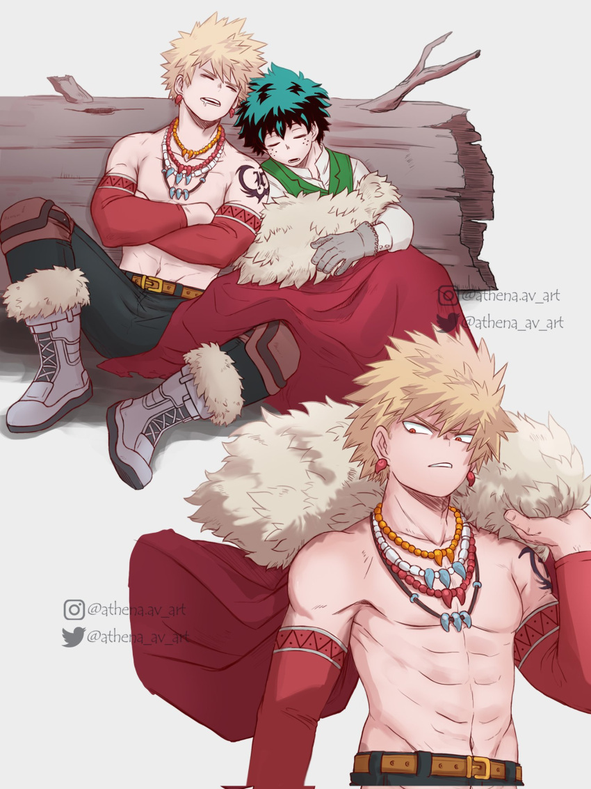2boys abs athena_av bakugou_katsuki belt black_pants blonde_hair boku_no_hero_academia boots brown_belt cape closed_eyes commentary crossed_arms drooling earrings english_commentary freckles fur-trimmed_boots fur-trimmed_cape fur_trim gloves green_hair green_vest grey_footwear grey_gloves highres holding holding_cape holding_clothes instagram_logo instagram_username jewelry log long_sleeves looking_to_the_side male_focus midoriya_izuku multiple_boys multiple_views necklace official_alternate_costume open_mouth pants red_cape red_eyes saliva shirt short_hair shoulder_tattoo simple_background sitting sleeping spiky_hair tattoo teeth toned toned_male topless_male twitter_logo twitter_username vest white_background white_shirt