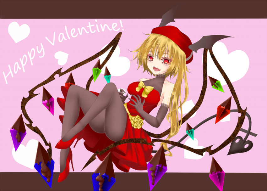 1girl bangs black_gloves black_legwear blonde_hair bow commentary crystal dai_zu_san demon_tail demon_wings dress elbow_gloves english_commentary english_text fang flandre_scarlet floating gloves halterneck happy_valentine head_wings heart high_heels letterboxed long_hair looking_at_viewer mixed-language_commentary open_mouth pantyhose pink_background red_dress red_eyes red_footwear short_dress smile solo tail touhou valentine wings yellow_bow