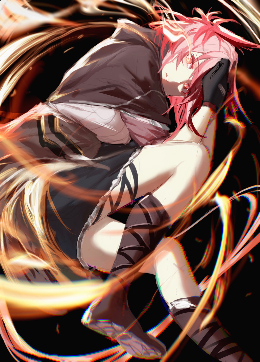 1girl absurdres animal_ears arknights bird_ears black_background black_gloves black_jacket black_legwear black_skirt boots fire gloves highres jacket looking_at_viewer parted_lips pink_hair red_eyes shirt short_hair skirt solo suffering_(arknights) white_shirt zuo_daoxing