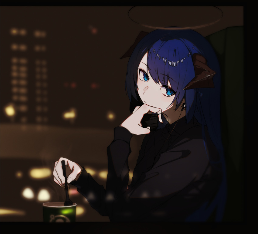 1girl arknights black_shirt blue_eyes blue_hair blurry blurry_background coffee_cup cup dark_halo demon_horns disposable_cup earphones earphones eyebrows_visible_through_hair highres holding holding_spoon horns karasuri letterboxed long_hair long_sleeves mask_pull mostima_(arknights) shirt sitting solo spoon stirring