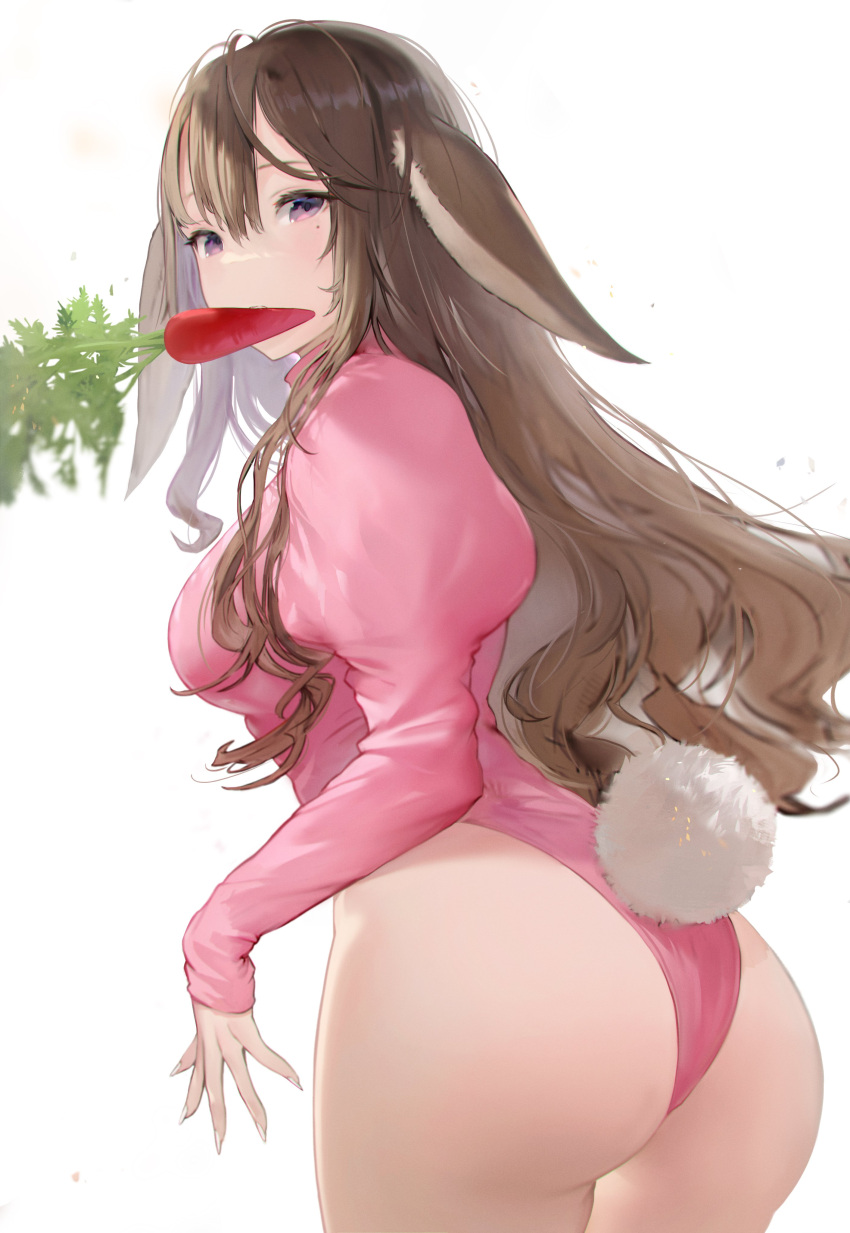 1girl absurdres animal_ears ass bangs blue_eyes breasts brown_hair carrot fingernails from_behind highres leotard long_fingernails long_hair long_sleeves looking_at_viewer looking_back medium_breasts mole mole_under_eye mouth_hold nail_polish original pink_leotard puffy_sleeves rabbit_ears rabbit_tail riesun solo tail teeth thighs very_long_hair white_background white_nails