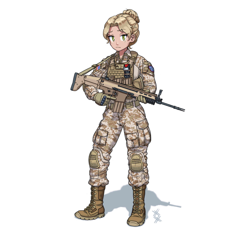 1girl absurdres assault_rifle blonde_hair boots brown_footwear brown_gloves camouflage camouflage_jacket camouflage_pants commission desert_camouflage fn_scar full_body gloves gun hair_bun highres holding holding_gun holding_weapon jacket long_sleeves looking_at_viewer military military_uniform original ostwindprojekt pants rifle shadow short_hair simple_background solo trigger_discipline uniform united_states_army weapon white_background yellow_eyes