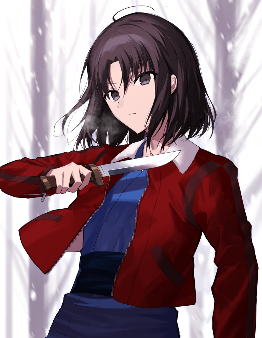 1girl :| black_hair blue_eyes blue_kimono brown_hair closed_mouth commentary_request expressionless fate/grand_order fate_(series) fur_collar highres holding holding_knife holding_weapon jacket japanese_clothes kara_no_kyoukai kimono knife long_hair long_sleeves looking_at_viewer obi red_jacket ryougi_shiki sash short_hair solo tamitami type-moon upper_body weapon