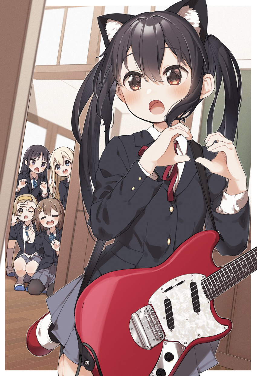 5girls =_= absurdres akiyama_mio animal_ears black_hair blonde_hair blue_eyes brown_eyes brown_hair cat_ears electric_guitar eyebrows_visible_through_hair fake_animal_ears fender_mustang finger_frame guitar hair_ornament hairclip heart heart_hands highres hirasawa_yui indoors instrument k-on! kneeling kotobuki_tsumugi long_hair miniskirt multiple_girls nakano_azusa peeking pleated_skirt school school_uniform shoes skirt squatting tainaka_ritsu thick_eyebrows twintails uwabaki yukie_(kusaka_shi)