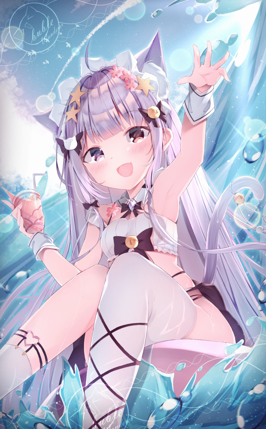 1girl :d animal_ear_fluff animal_ears ankle_socks arm_up armpits asymmetrical_legwear bangs bell bird black_bow blue_sky blunt_bangs blush bow cat_ears cat_girl cat_hair_ornament cat_tail clouds cloudy_sky contrail crop_top cuffs day detached_collar drink drinking_straw extra_ears eyebrows_visible_through_hair fang flower hair_bell hair_bow hair_flower hair_ornament hair_over_shoulder hand_up handcuffs heterochromia highres holding holding_drink innertube long_hair looking_at_viewer maid_headdress original outdoors purple_hair red_eyes single_thighhigh sitting skin_fang sky smile socks solo splashing star_(symbol) star_hair_ornament strapless tail tail_bell tail_ornament tail_raised thigh-highs tube_top user_gagv3825 very_long_hair violet_eyes water waving white_legwear