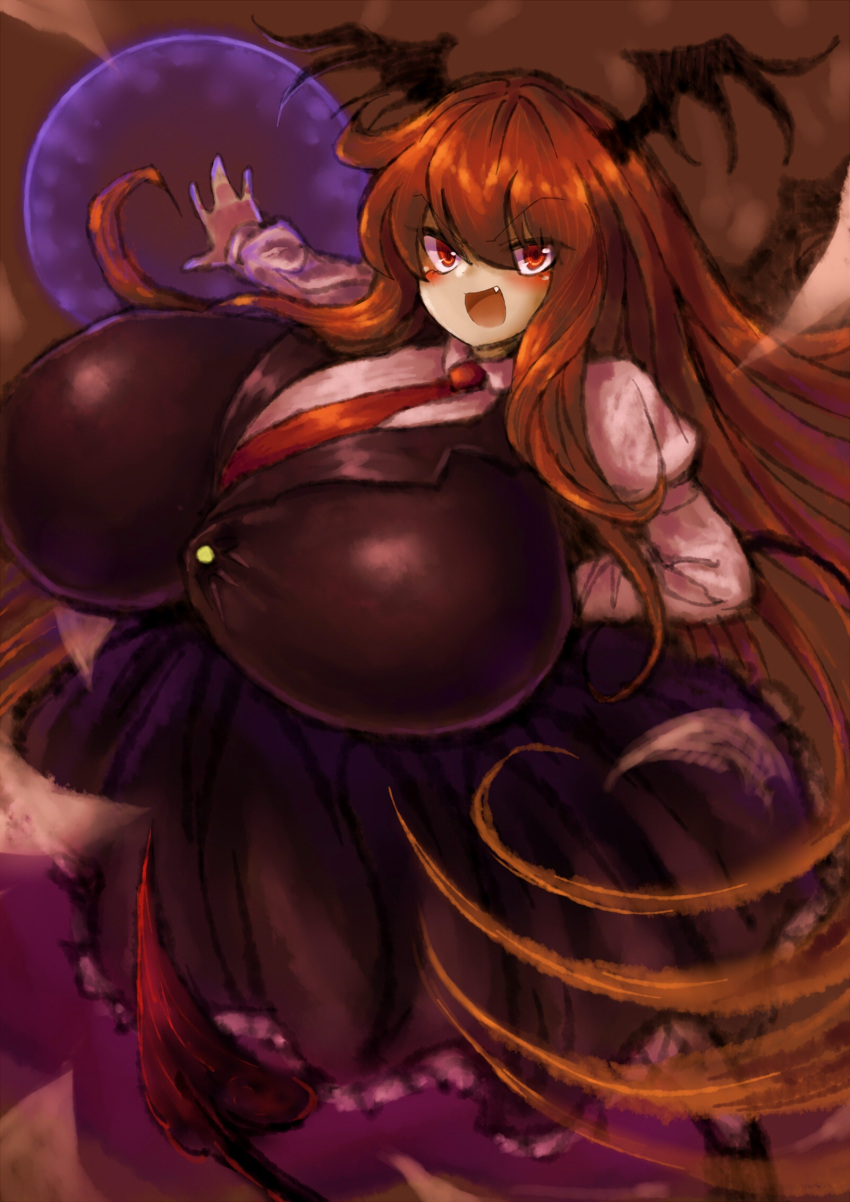 1girl 2b-ge :d \||/ bat_wings black_vest breasts bursting_breasts demon_tail energy_ball fang gigantic_breasts head_wings highres juliet_sleeves koakuma long_hair long_sleeves looking_at_viewer necktie open_mouth outstretched_arm petticoat puffy_sleeves red_eyes red_necktie redhead smile solo tail touhou v-shaped_eyebrows very_long_hair vest wing_collar wings