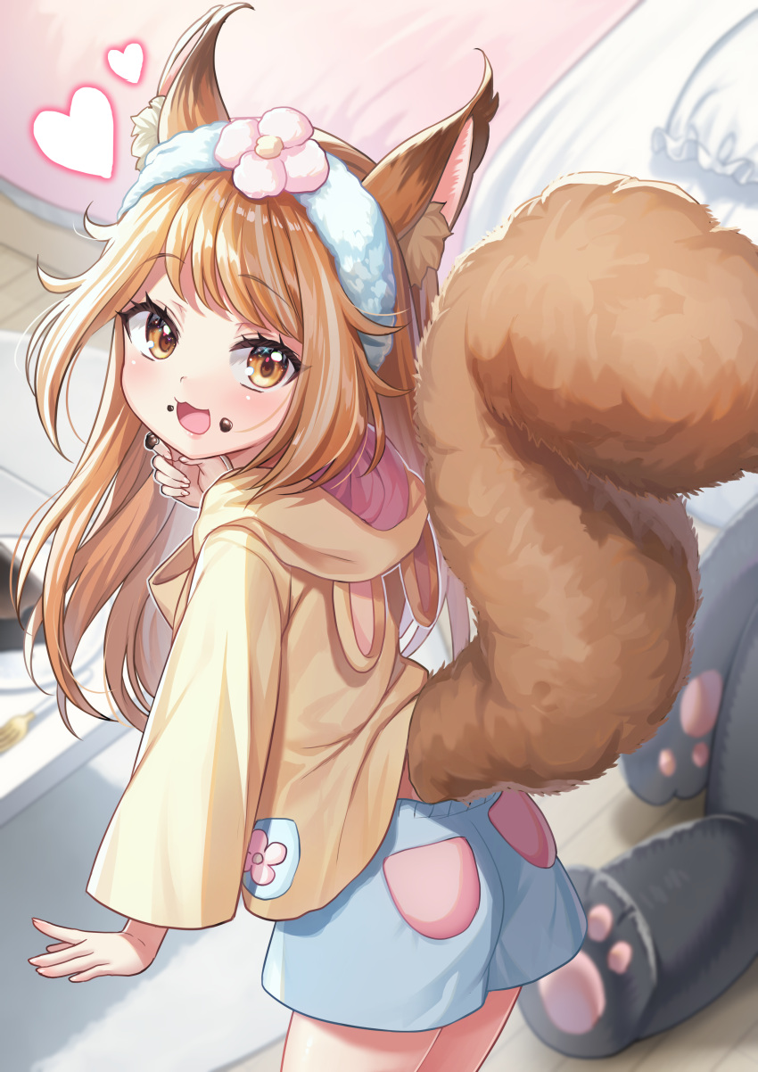 1girl :d absurdres animal_ear_fluff animal_ears animal_hood bangs bed blue_shorts blurry blurry_background blush brown_eyes brown_hair brown_hoodie bunny_hood depth_of_field eyebrows_visible_through_hair fake_animal_ears flower food food_on_face food_on_hand fork frilled_pillow frills from_behind hanasaki_mahiru hand_up highres hood hood_down hoodie indie_virtual_youtuber indoors looking_at_viewer looking_back pillow pink_flower rabbit_ears short_shorts shorts smile solo standing table tail virtual_youtuber yusa_suku