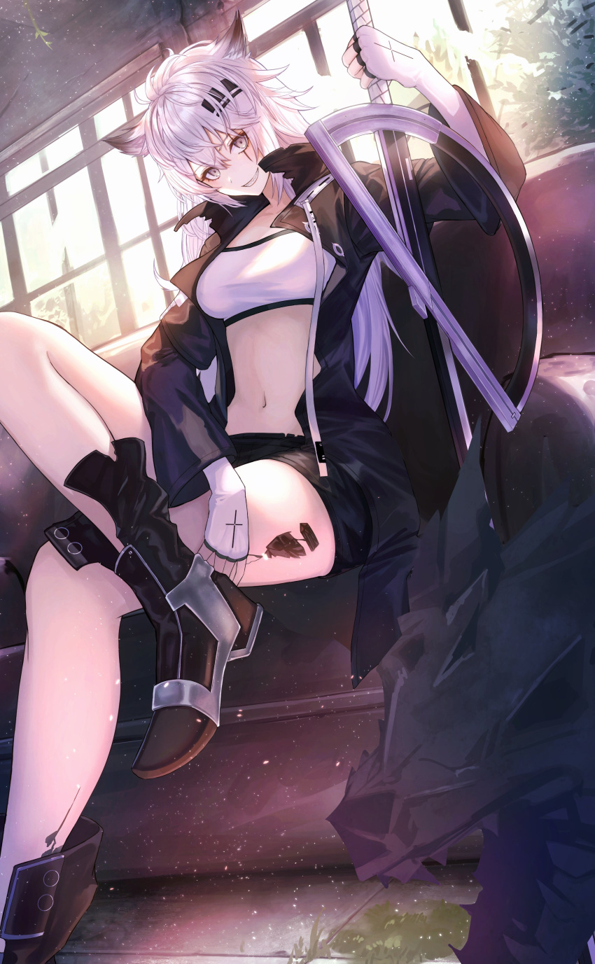 1girl :d absurdres animal_ears arknights bandeau bangs black_footwear black_jacket boots breasts commentary fingerless_gloves foot_out_of_frame gloves gore_(white_gore) grey_eyes grin hair_between_eyes hair_ornament hairclip highres indoors jacket lappland_(arknights) long_hair looking_at_viewer medium_breasts midriff navel open_clothes open_jacket oripathy_lesion_(arknights) scar scar_across_eye silver_hair sitting smile solo stomach strapless thighs tube_top white_gloves wolf_ears