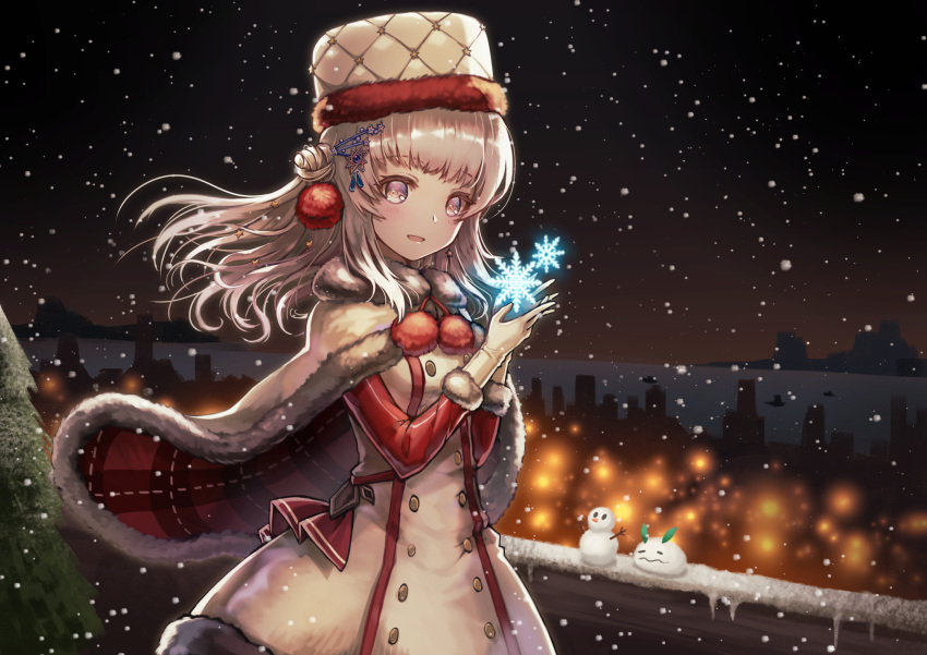 1girl bangs blush capelet christmas cityscape dress eyebrows_visible_through_hair fur-trimmed_capelet fur-trimmed_dress fur-trimmed_gloves fur-trimmed_headwear fur_trim gloves grey_hair hair_bun hair_ornament hairclip hands_up highres long_hair looking_at_viewer natsutomoki night octagram open_mouth original outdoors pentagram pom_pom_(clothes) smile snow snow_bunny snowflakes snowing snowman solo star_(symbol) tree upper_body violet_eyes winter winter_clothes
