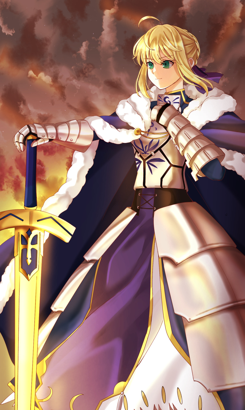 1girl ahoge armor armored_boots armored_dress artoria_pendragon_(all) bangs blonde_hair blue_dress blue_ribbon boots braid breastplate breasts closed_mouth commentary_request dress excalibur fate/stay_night fate_(series) full_body gauntlets green_eyes grey_footwear hair_ribbon highres holding holding_sword holding_weapon juliet_sleeves long_dress long_sleeves looking_at_viewer mito_(pixiv64594232) puffy_sleeves ribbon saber short_hair simple_background solo standing sword weapon