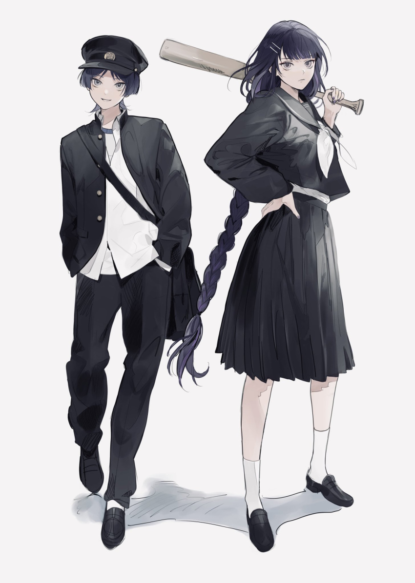 1boy 1girl alternate_costume alternate_headwear baseball_bat bat black_footwear black_headwear black_pants black_skirt buttons commentary_request delinquent empty_eyes expressionless eyelashes full_body gakuran genshin_impact grey_background hair_ornament hairclip hand_on_hip hands_in_pockets high-waist_skirt highres holding kushami_deso loafers long_hair looking_at_viewer mother_and_son pants pleated_skirt purple_hair raiden_shogun scaramouche_(genshin_impact) school_uniform shirt shirt_tucked_in shoes simple_background skirt smile sukeban very_long_hair violet_eyes white_shirt