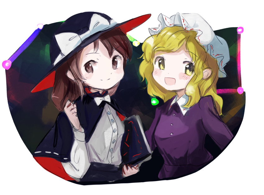 2girls big_dipper black_capelet black_headwear black_skirt blonde_hair blush book bow bowtie breasts brown_eyes brown_hair capelet closed_mouth commentary_request constellation dress happy hat hat_bow highres holding holding_book long_sleeves looking_at_viewer maribel_hearn medium_breasts minus_(sr_mineka) mob_cap multiple_girls open_mouth purple_dress rainbow-colored_septentrion shirt skirt small_breasts smile sun_hat touhou usami_renko white_bow white_bowtie white_headwear white_shirt yellow_eyes