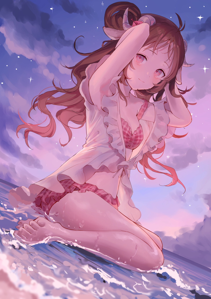 1girl absurdres animal_ears antenna_hair arknights arms_up bikini blue_sky blush breasts brown_hair clouds cloudy_sky dusk dutch_angle eyjafjalla_(arknights) eyjafjalla_(summer_flowers)_(arknights) flower full_body hair_flower hair_ornament highres horns long_hair nomuraumu official_alternate_costume outdoors pink_bikini pink_eyes pink_flower sarong sheep_ears sheep_girl sheep_horns sitting sky small_breasts smile solo star_(sky) starry_sky swimsuit thighs wariza water white_sarong