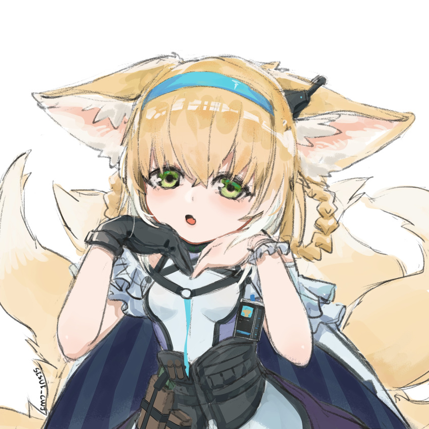 1girl 923857348 absurdres animal_ear_fluff animal_ears apron arknights bangs bare_shoulders black_gloves blonde_hair blue_hairband braid breasts commentary_request eyebrows_visible_through_hair fang fox_ears fox_girl fox_tail gloves green_eyes hair_between_eyes hair_rings hairband hands_up highres kitsune looking_at_viewer multicolored_hair open_mouth purple_skirt shirt simple_background single_glove skirt small_breasts solo suzuran_(arknights) tail twin_braids two-tone_hair waist_apron white_apron white_background white_hair white_shirt