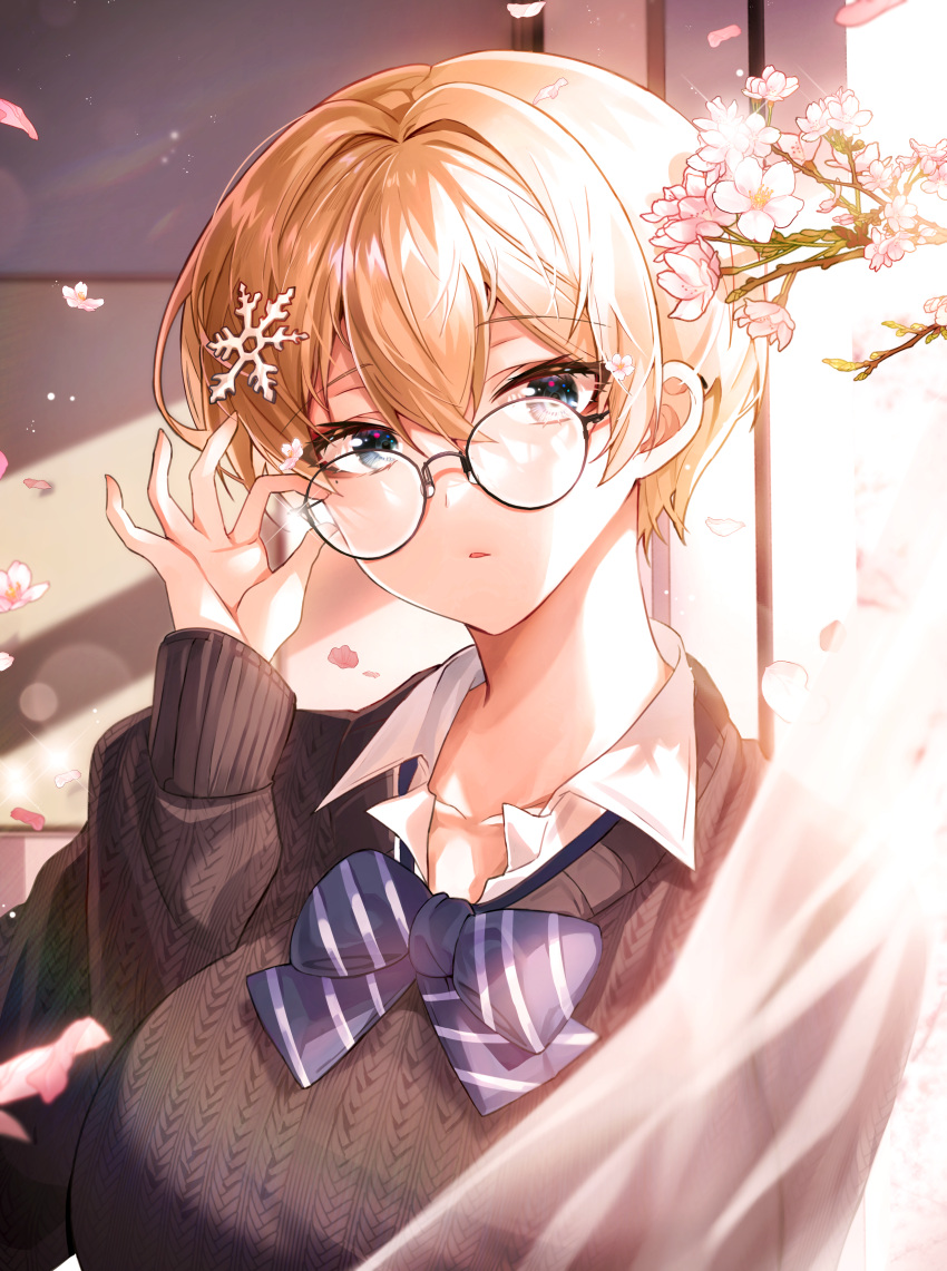 1girl absurdres adjusting_eyewear alternate_costume bangs bespectacled black_sweater blonde_hair blue_bow blue_bowtie blue_eyes bow bowtie breasts cherry_blossoms classroom collarbone collared_shirt curtains eyebrows_visible_through_hair girls_frontline glasses glint hair_between_eyes hair_ornament hand_up highres indoors large_breasts looking_at_viewer mole mole_under_eye parted_lips polla shirt short_hair sidelocks snowflake_hair_ornament solo standing striped striped_bow sweater symbol-only_commentary upper_body vsk-94_(girls'_frontline) white_shirt window window_shade