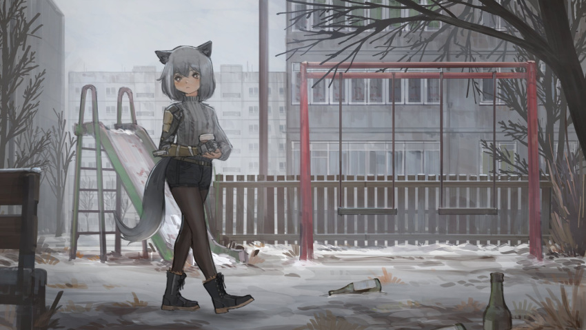 animal_ears bench boots bottle bright_pupils brown_eyes building cup grey_hair highres holding holding_cup jaana_kettu mechanical_arms original outdoors pantyhose playground shorts single_mechanical_arm slide snow sweater swing tail tree walking white_pupils winter wolf_tail xerbatt