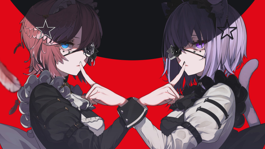 2girls animal_ears ascot bangs black_ascot black_nails blue_eyes cat_ears cat_girl cat_tail commentary_request eyepatch feathers fingernails frills highres hololive identity_(vocaloid) long_sleeves multiple_girls nail_polish nekomata_okayu official_art oshiruko_(oshiruco_212048) pointing_at_another red_background redhead tail takane_lui violet_eyes virtual_youtuber white_ascot white_nails