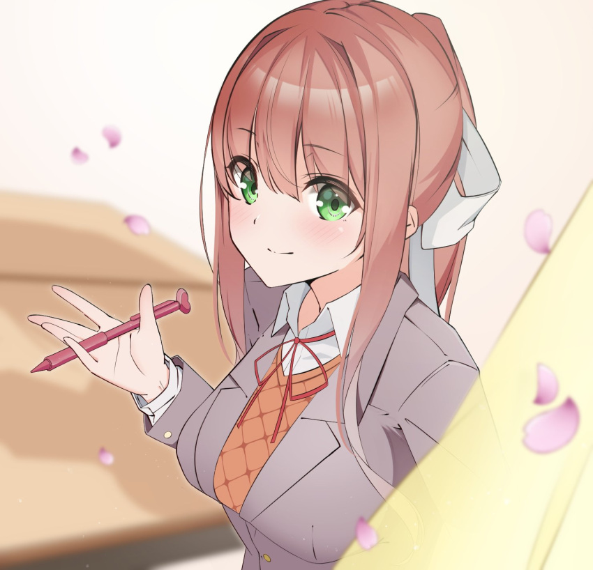 1girl bangs blazer blush bow brown_hair doki_doki_literature_club eyebrows_visible_through_hair green_eyes hair_bow hair_ribbon highres holding holding_pencil jacket long_hair looking_at_viewer monika_(doki_doki_literature_club) pencil ponytail ribbon school_uniform smile solo tsumugi_1210 very_long_hair white_ribbon