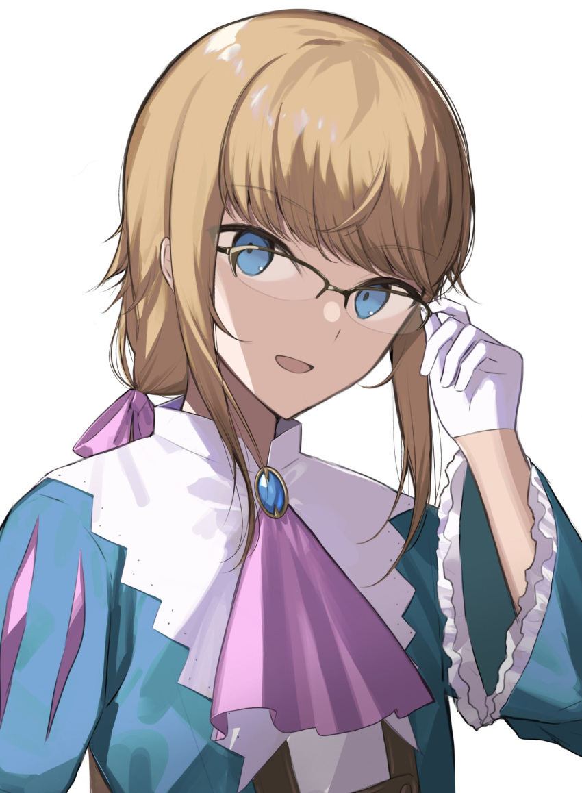 1other androgynous blonde_hair blue_eyes bow braid chevalier_d'eon_(fate) commentary_request fate/grand_order fate_(series) glasses gloves hair_ribbon highres long_hair long_sleeves looking_at_viewer open_mouth otoko_no_ko pink_bow ribbon simple_background smile tamitami white_background white_gloves
