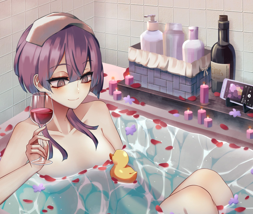 1girl alcohol artist_name bangs basket bathing bathtub bernadetta_von_varley bottle candle cellphone commentary cup drinking_glass eine_(eine_dx) eyebrows_visible_through_hair fire_emblem fire_emblem:_three_houses grey_eyes hair_between_eyes highres holding holding_cup nude partially_submerged petals petals_on_liquid phone purple_hair rubber_duck short_hair short_hair_with_long_locks smartphone soap_bottle solo spotify towel towel_on_head wine wine_bottle wine_glass