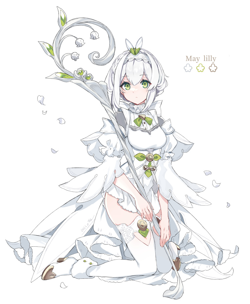 1girl absurdres bangs boots breasts closed_mouth dress flower full_body green_eyes hair_intakes highres kneeling lily_of_the_valley looking_at_viewer macchoko original petals puffy_short_sleeves puffy_sleeves short_hair short_sleeves sidelocks small_breasts solo staff thigh-highs white_background white_dress white_footwear white_hair white_legwear