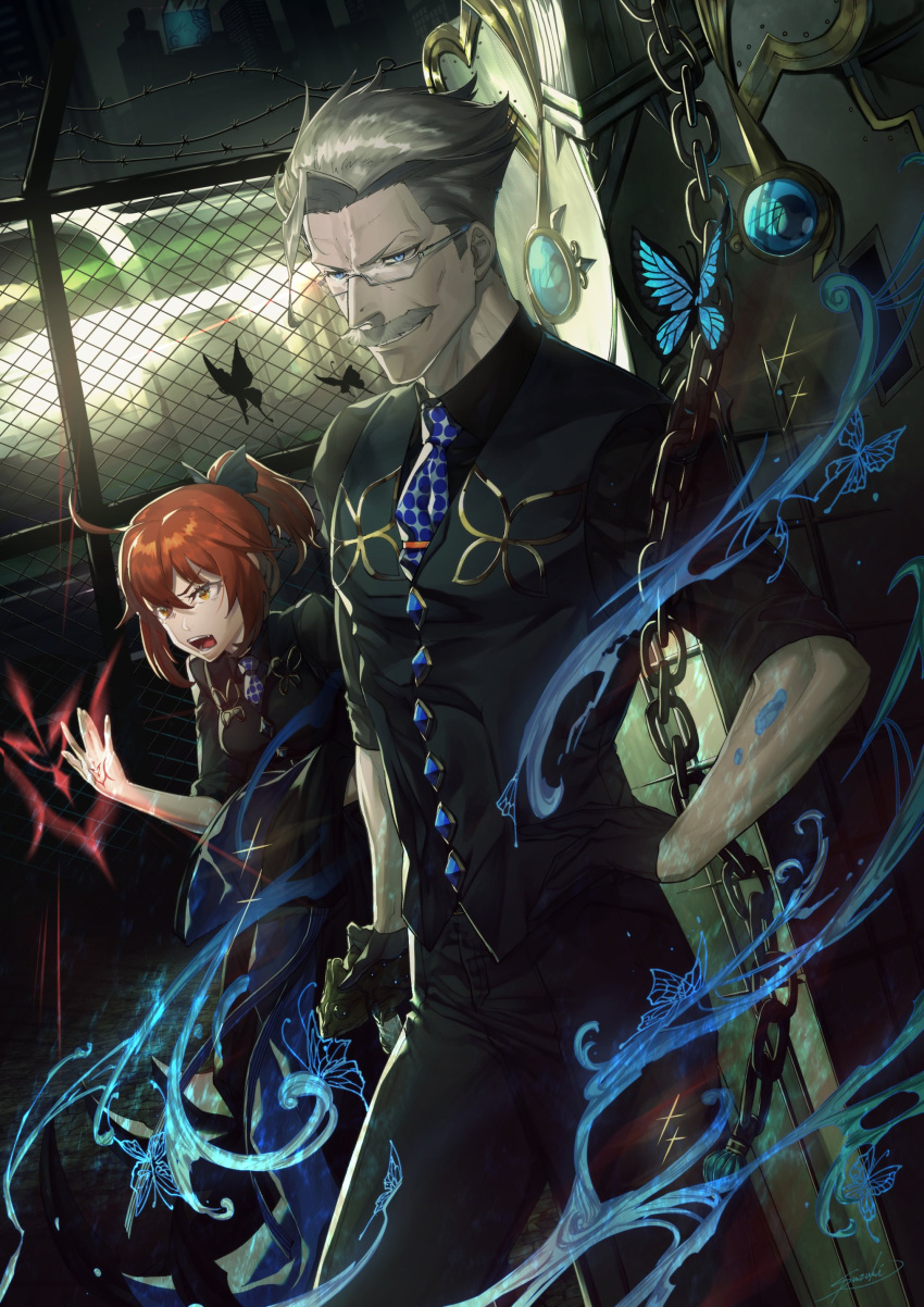 1boy 1girl absurdres ahoge alternate_costume alternate_hairstyle bangs beard black_bow black_gloves black_pants black_ribbon blue_butterfly blue_eyes blue_necktie bow bug butterfly cocktail_shaker command_spell commentary facial_hair fate/grand_order fate_(series) feet_out_of_frame fujimaru_ritsuka_(female) glasses gloves grey_hair hair_bow hair_ribbon highres james_moriarty_(fate) james_moriarty_(gray_collar)_(fate) looking_at_viewer looking_away male_focus mustache necktie official_alternate_costume old old_man open_mouth orange_eyes orange_hair pants ponytail ribbon shirt short_hair smile suzuki_rui vest wrinkled_skin