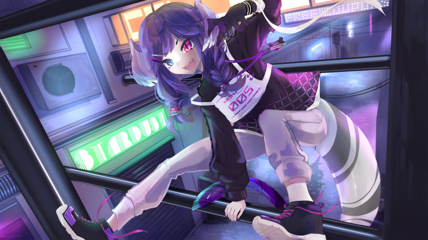 1girl :d blue_eyes braid commentary cross-laced_footwear english_commentary fangs hair_ornament hairclip head_wings heterochromia highres long_sleeves looking_at_viewer making-of_available medium_hair nijisanji nijisanji_en open_mouth pants purple_hair safety_pin selen_tatsuki shoes slit_pupils smile sneakers solo tail takuyarawr twin_braids violet_eyes virtual_youtuber white_pants
