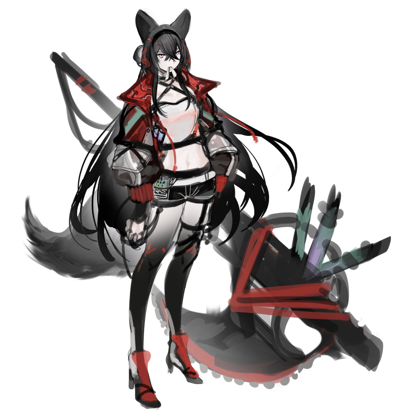 1girl absurdres animal_ears black_choker black_hair black_hairband choker collarbone gradient gradient_clothes gradient_legwear green_eyes grey_background hair_between_eyes hair_bun hairband hand_on_hip high_heels highres huge_weapon jacket long_hair midriff mouth_hold multicolored_eyes navel open_clothes open_jacket original red_eyes scythe see-through shio_(oxstl) simple_background sketch skindentation solo standing tail thigh-highs thigh_strap unfinished weapon white_eyes wolf_ears wolf_girl wolf_tail