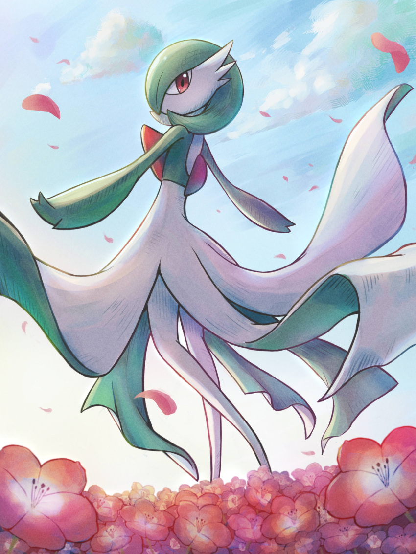 absurdres clouds commentary_request day field flower flower_field gardevoir gardevoir_day highres looking_back luna_mokamoka outdoors petals pokemon pokemon_(creature) red_eyes sky solo standing