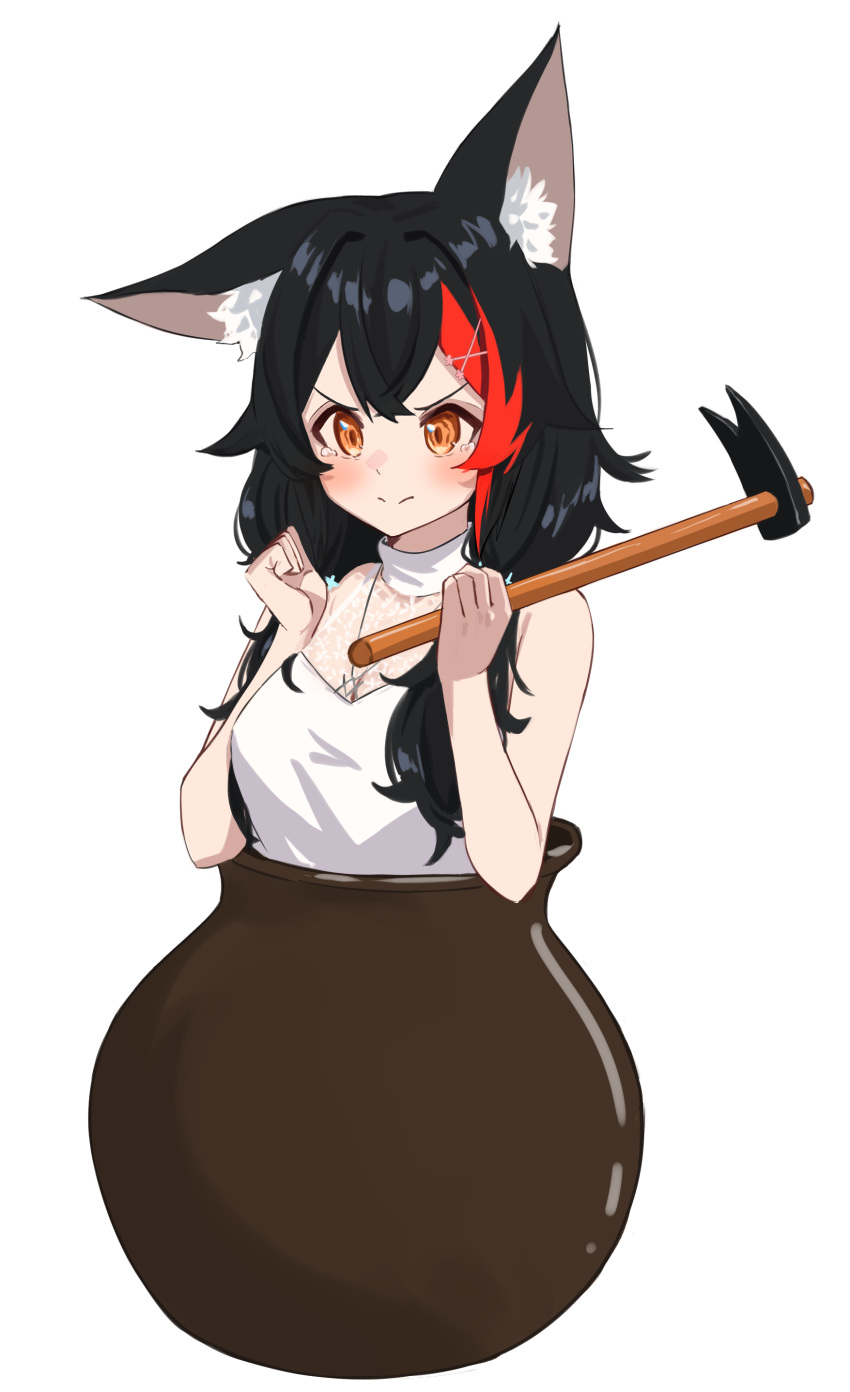 1girl absurdres animal_ear_fluff animal_ears bangs bare_arms black_hair blush brown_eyes cauldron closed_mouth commentary daichi_(daichi_catcat) getting_over_it hair_ornament hammer highres holding holding_hammer hololive long_hair looking_away multicolored_hair ookami_mio redhead shirt simple_background sleeveless sleeveless_shirt solo streaked_hair symbol-only_commentary tearing_up v-shaped_eyebrows virtual_youtuber white_background white_shirt wolf_ears x_hair_ornament