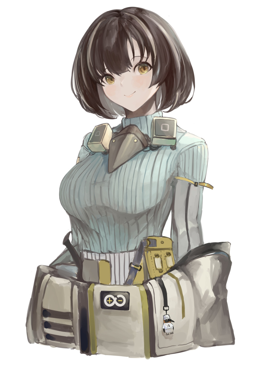1girl absurdres arknights black_hair blue_sweater bob_cut breasts brown_hair charm_(object) closed_mouth highres kajuu large_breasts long_sleeves looking_at_viewer magallan_(arknights) mask mask_around_neck multicolored_hair open_clothes short_hair simple_background smile solo streaked_hair sweater the_emperor_(arknights) two-tone_hair upper_body white_background yellow_eyes