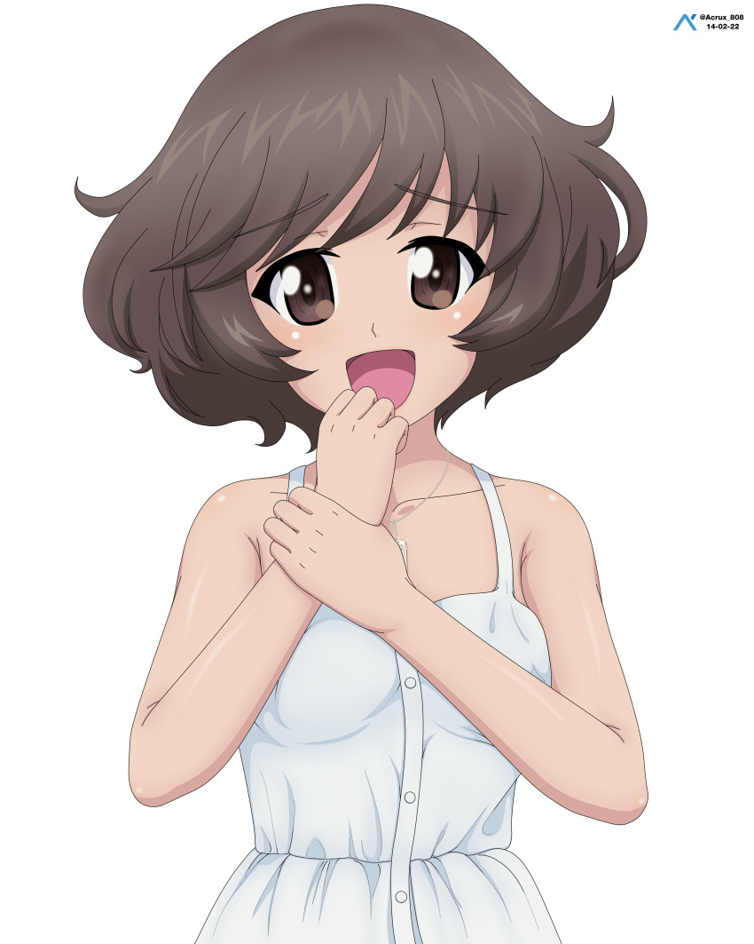1girl :d absurdres acrux akiyama_yukari artist_logo bangs box brown_eyes brown_hair camisole camouflage casual chocolate commentary dated dog_tags english_commentary eyebrows_visible_through_hair gift gift_box girls_und_panzer hand_on_own_ass highres jewelry looking_at_viewer messy_hair necklace open_mouth pov shirt short_hair simple_background smile textless twitter_username valentine white_background white_shirt