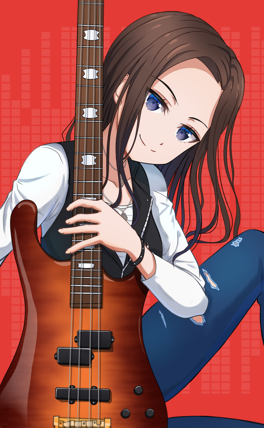 1girl absurdres bang_dream! black_hair black_vest blue_eyes bracelet collarbone denim guitar hand_up highres holding holding_instrument instrument jeans jewelry long_hair long_sleeves looking_at_viewer necklace pants red_background shirt solo torn_clothes torn_legwear user_mhjv3253 vest wakana_rei white_shirt
