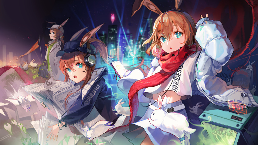3girls absurdres amiya_(arknights) amiya_(fresh_fastener)_(arknights) amiya_(newsgirl)_(arknights) amiya_(planter)_(arknights) animal animal_ear_fluff animal_ears arknights bangs baseball_cap black_jacket blue_eyes blue_skirt blurry blurry_background brown_hair building cityscape closed_mouth commentary depth_of_field earphones earphones ears_through_headwear english_text eyebrows_visible_through_hair green_shirt hair_between_eyes happyongdal hat headphones headset heart high_ponytail highres holographic_interface jacket long_hair long_sleeves looking_at_viewer midriff_peek multiple_girls multiple_persona newspaper night night_sky open_clothes open_jacket open_mouth outdoors parted_lips pleated_skirt ponytail profile puffy_long_sleeves puffy_sleeves rabbit rabbit_ears red_scarf scarf shirt skirt sky skyscraper smile star_(sky) starry_sky symbol-only_commentary very_long_hair white_headwear white_jacket white_shirt