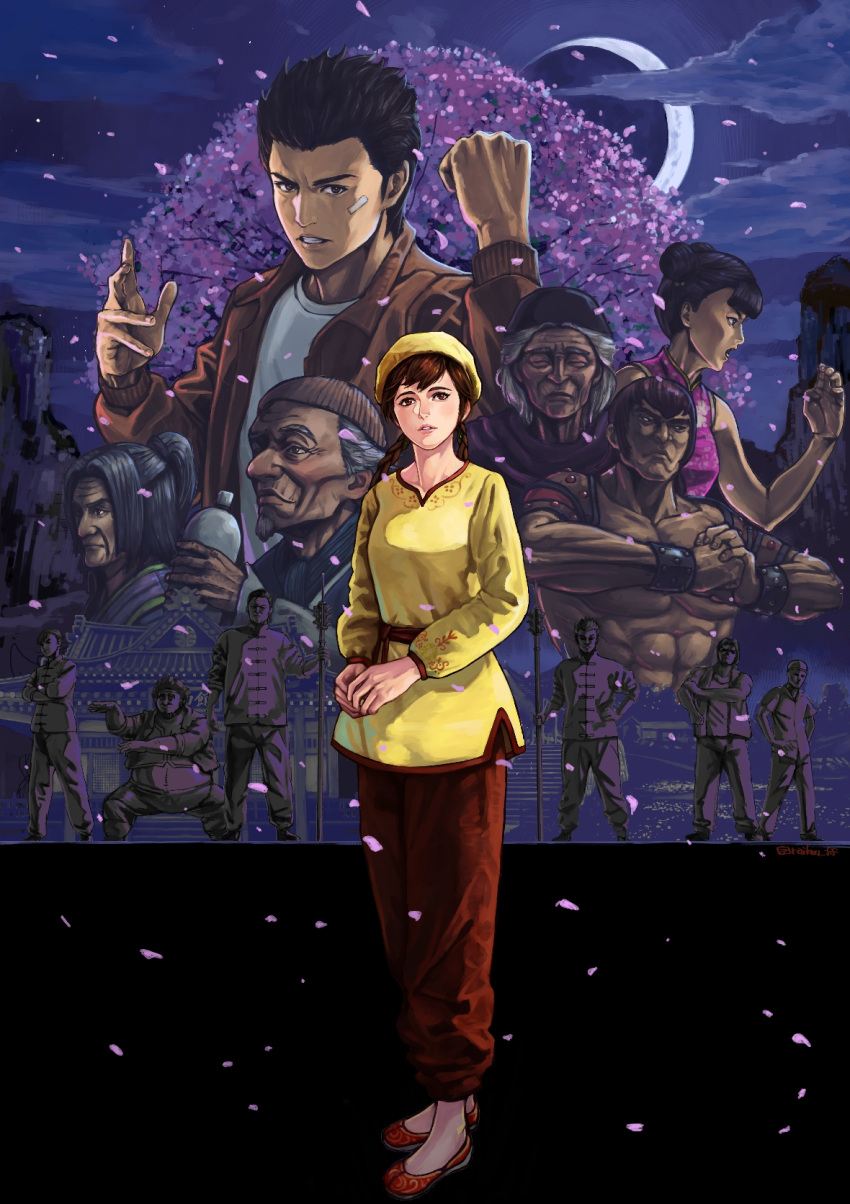 bandaid bandaid_on_face bangs braid brown_eyes cherry_blossoms clenched_hand clouds crescent_moon hazuki_ryou highres jacket leather leather_jacket ling_shen_hua moon moonlight multiple_boys multiple_girls night night_sky pants petals raikou_(ff) red_footwear red_pants sash shenmue shenmue_iii shirt sky spiky_hair tree twin_braids white_shirt yellow_shirt yorimitsu zhen_wei